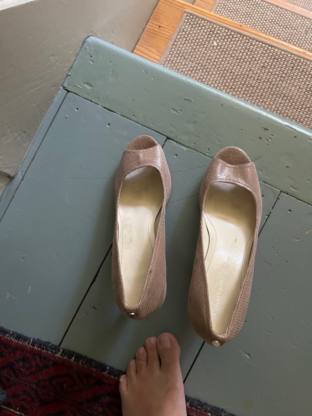 Well worn open toe sexy nude/ tan snakeskin pumps Calvin Klein women size 9